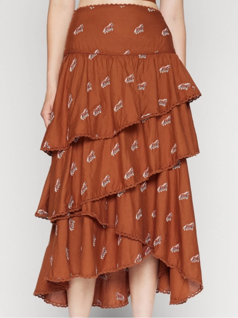 FARM Rio Embroidered Rust Brown Tiered Layerrd  Maci Skirt